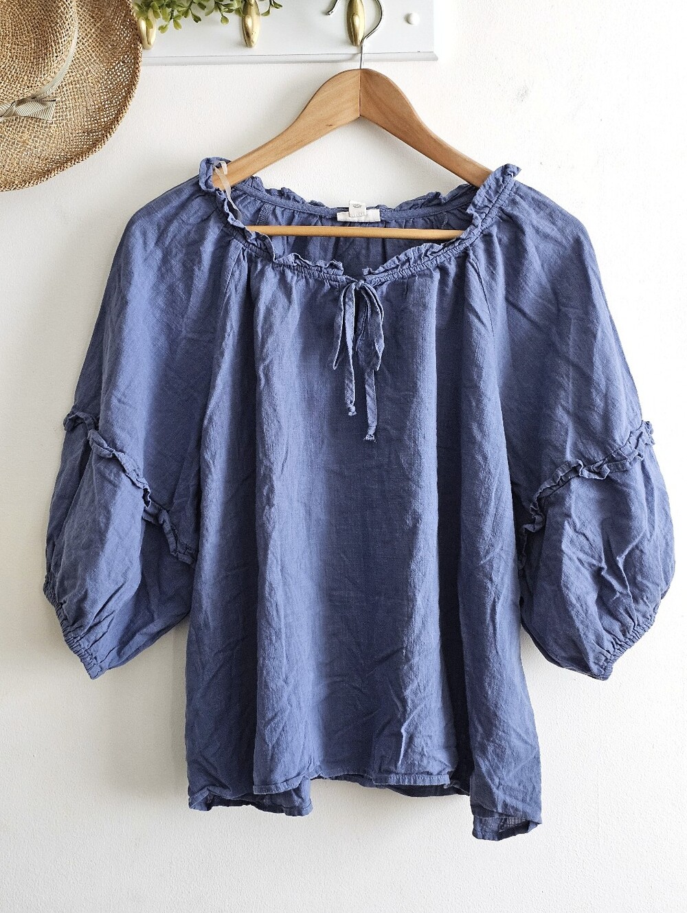 A.N.A New Approach Blue Cotton Peasant Blouse XL Balloon Sleeve Boho Cottagecore